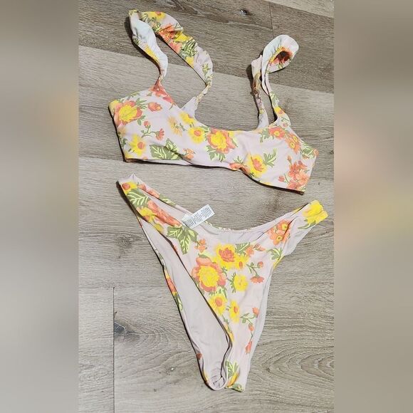 Aerie 2 Piece Swim Bikini Set Sz Medium Retro Floral Top Cheeky Bottom - Picture 2 of 6